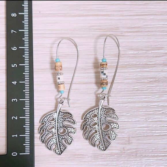 Turquoise Feather Dangle Drop Aesthetic Beads Boho Vintage Feather Leaf Earrings - Picture 5 of 5